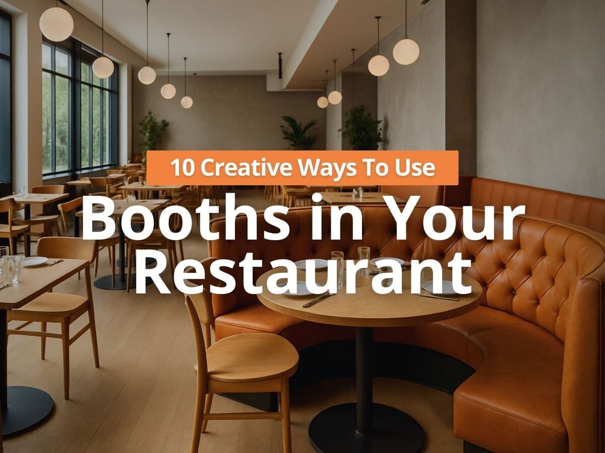 Restaurant interior with modern leather booths and wooden tables, banner text promoting 10 creative ways to use restaurant booths