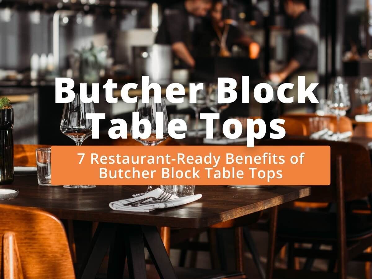 Upscale restaurant scene with a walnut butcher-block table top, wine glasses, and place setting—showing durable, stylish commercial dining furniture.