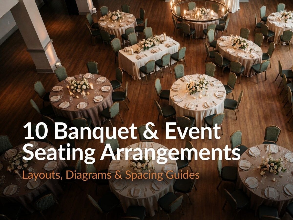 Banquet style seating arrangement guide — illustrated oval table diagram with 10 chair positions alongside a luxury hotel ballroom set for a formal dinner with round tables, gold linens, and upholstered banquet chairs