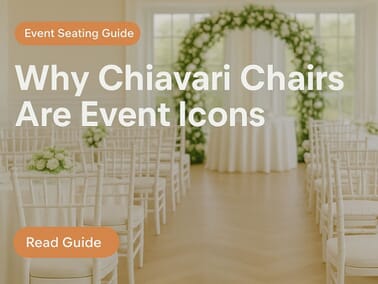 White Chiavari chairs arranged in elegant rows for a wedding ceremony with floral arch and round tables.