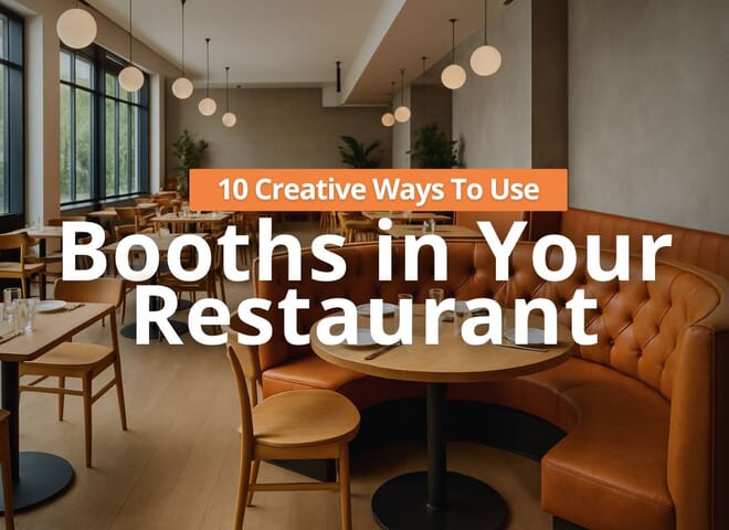 Restaurant interior with modern leather booths and wooden tables, banner text promoting 10 creative ways to use restaurant booths