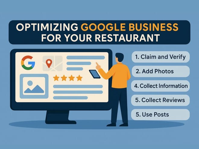 Google Business Profile optimization for restaurants — bold YouTube-style thumbnail with GBP card, 4.5-star rating card and steps to optimize.
