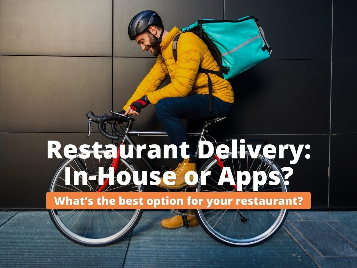 A bicycle courier delivering food, illustrating the comparison between in-house and third-party restaurant delivery options.