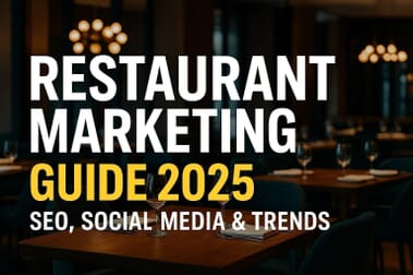 Restaurant Marketing Guide 2025 banner with text highlighting SEO, social media, and trends for restaurants.