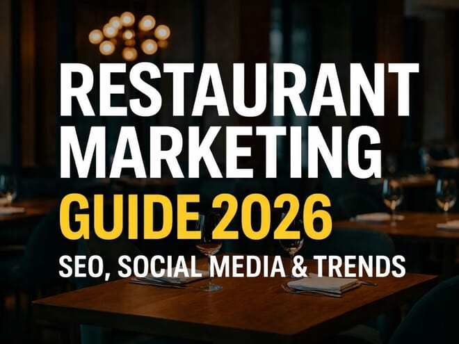 Restaurant Marketing Guide 2026 banner with text highlighting SEO, social media, and trends for restaurants.