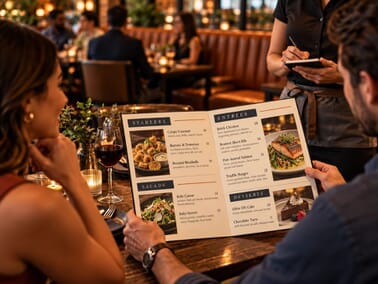 Guests ordering from an open bifold restaurant menu as a server takes their order — Superior Seating's complete guide to restaurant menu design