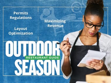 A restaurant manager writing on a notepad with text overlay reading “Outdoor Season Preparation Guide,” highlighting permits, regulations, layout optimization, and maximizing revenue.