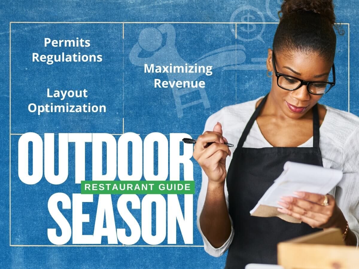 A restaurant owner and manager writing on a notepad with text overlay reading “Outdoor Season Preparation Guide,” highlighting permits, regulations, layout optimization, and maximizing revenue.