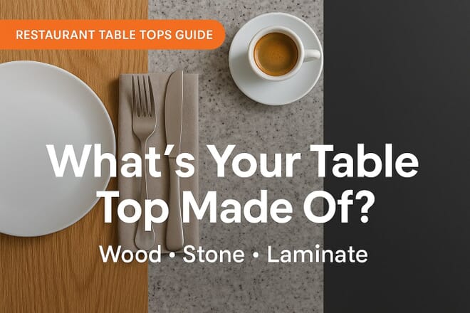Restaurant table top materials: wood, stone and laminate shown side-by-side with plate, cutlery and espresso—comparison guide banner.