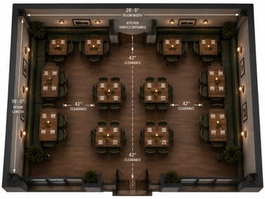 Top-down annotated floor plan rendering of a 28-by-18-foot restaurant dining room — perimeter booth seating along all walls, flexible table-and-chair core in the center, and a 42-inch primary service aisle running from the kitchen entrance to the main ent
