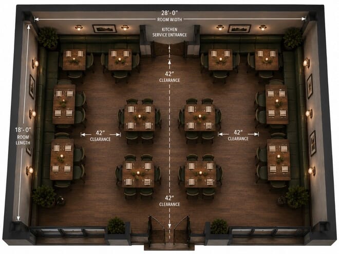 Top-down annotated floor plan rendering of a 28-by-18-foot restaurant dining room — perimeter booth seating along all walls, flexible table-and-chair core in the center, and a 42-inch primary service aisle running from the kitchen entrance to the main ent