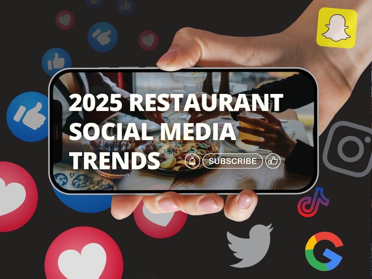 A smartphone displaying a restaurant dining scene with various social media icons, highlighting the top restaurant marketing trends for 2025.