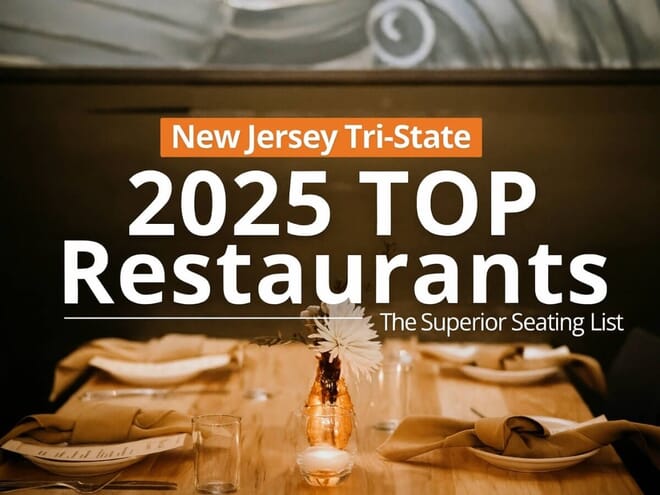 Elegant dining table setup with a candlelit ambiance, featuring the title 'New Jersey Tri-State 2025 Top Restaurants – The Superior Seating List.' This curated guide highlights the best restaurants in New Jersey, New York, and Pennsylvania.