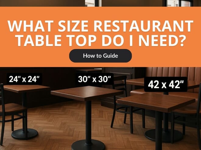 YouTube-style thumbnail with bold text ‘What Size Restaurant Table Top Do I Need? | How-To Guide’ over a modern restaurant dining room background.