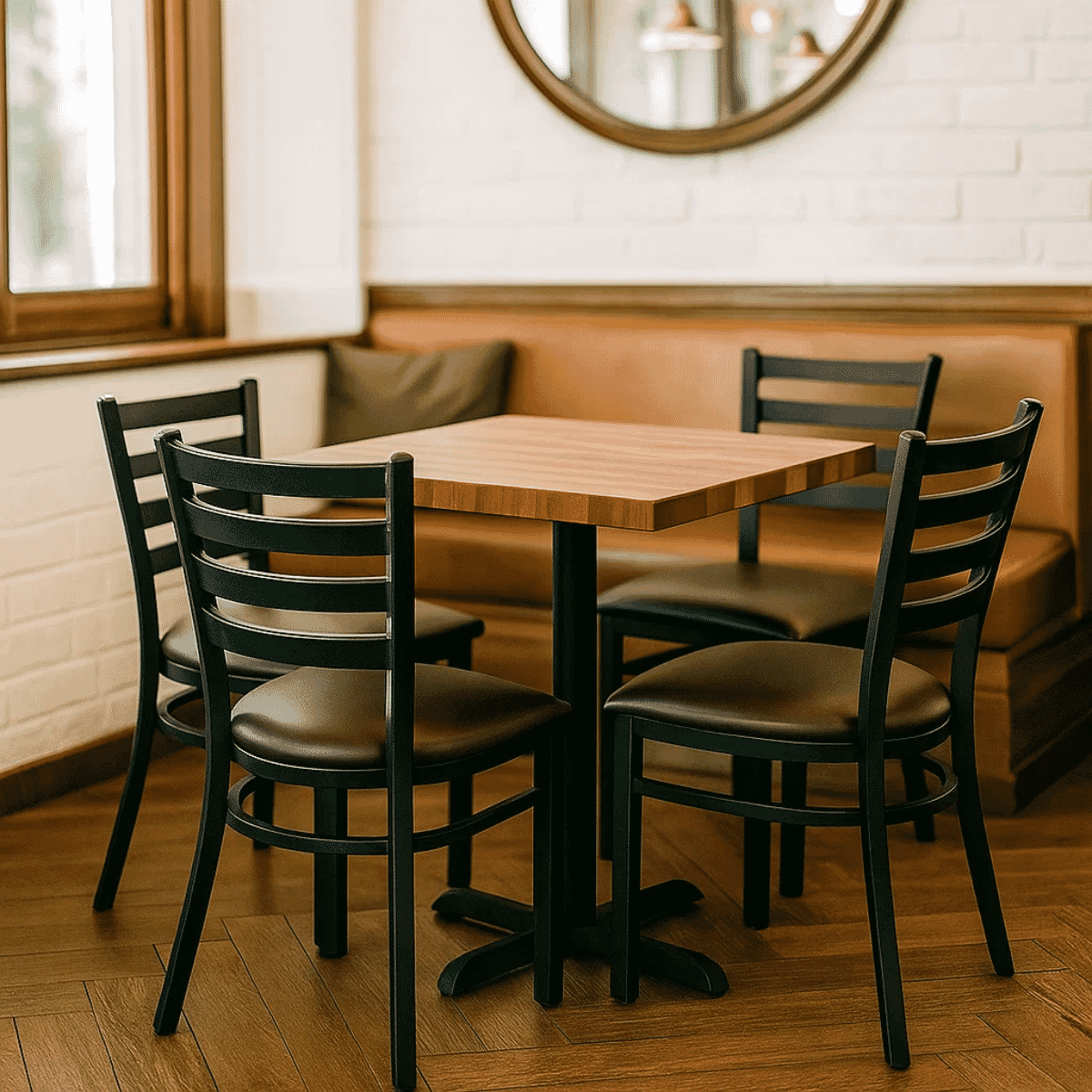 Black Restaurant Table Set with Solid Walnut Top & 4 Steel Ladderback Chairs