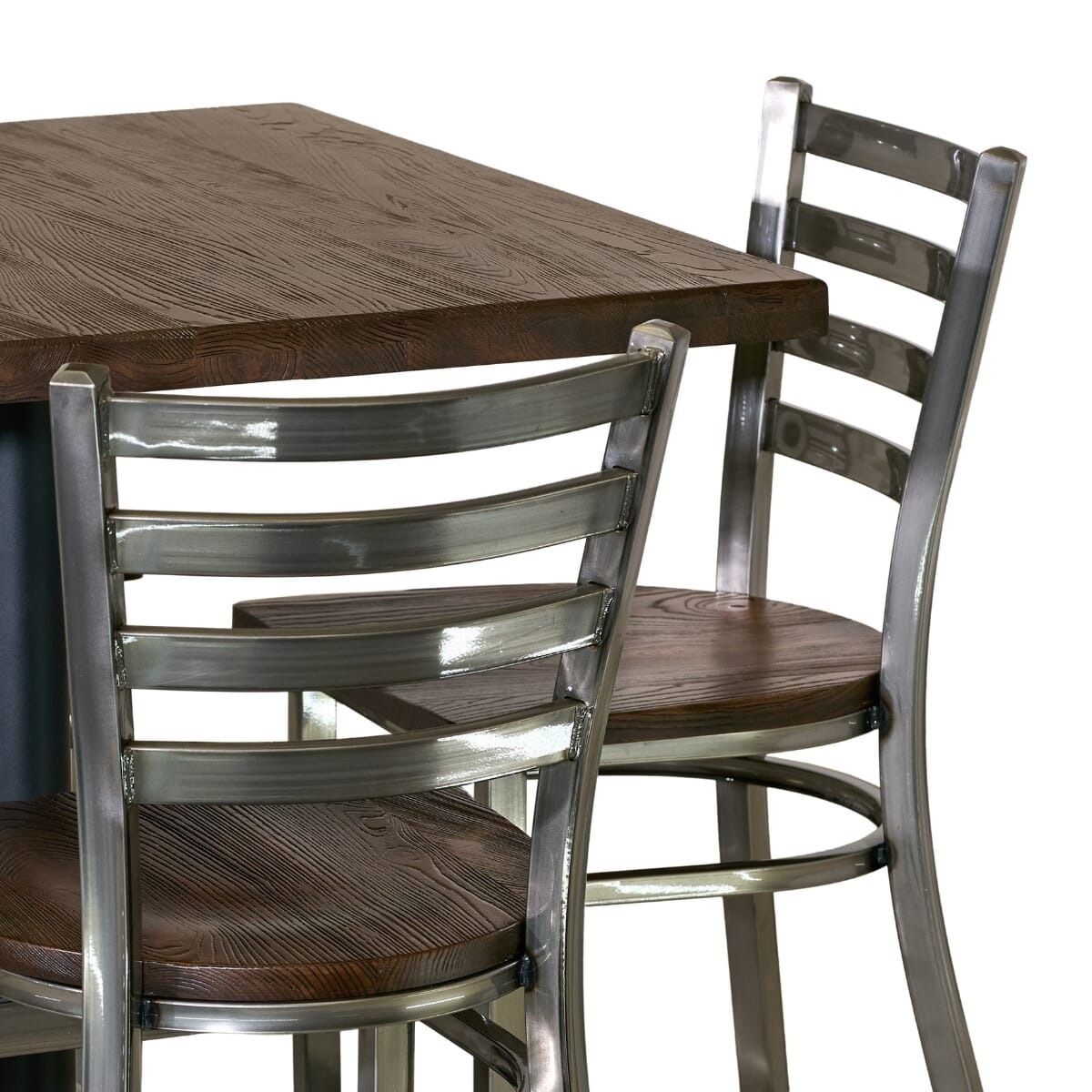 Clear Coat Industrial Restaurant Table Set with 4 Ladderback Metal Chairs