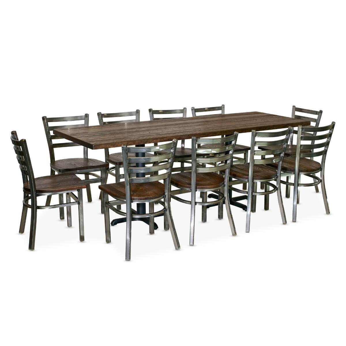 Clear Coat Industrial Restaurant Rectangular Large Table Set with 10 Ladderback Chairs