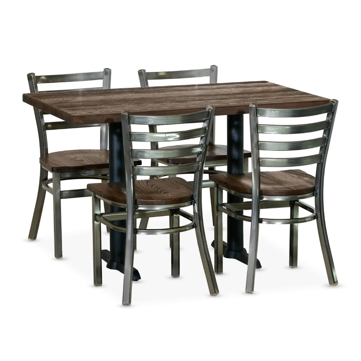 Clear Coat Industrial Restaurant Rectangular Table Set with 4 Ladderback Chairs