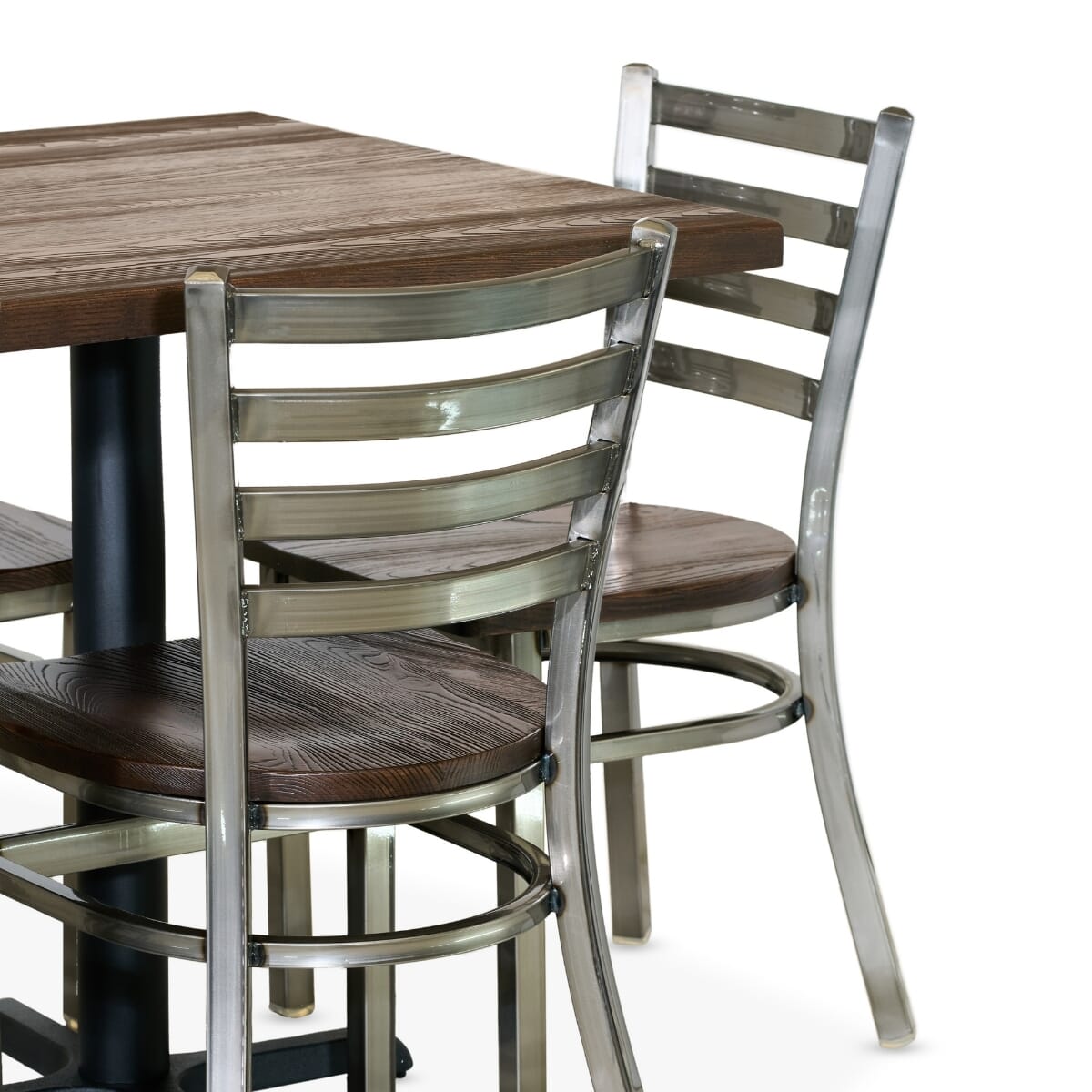 Clear Coat Industrial Restaurant Rectangular Table Set with 6 Ladderback Chairs