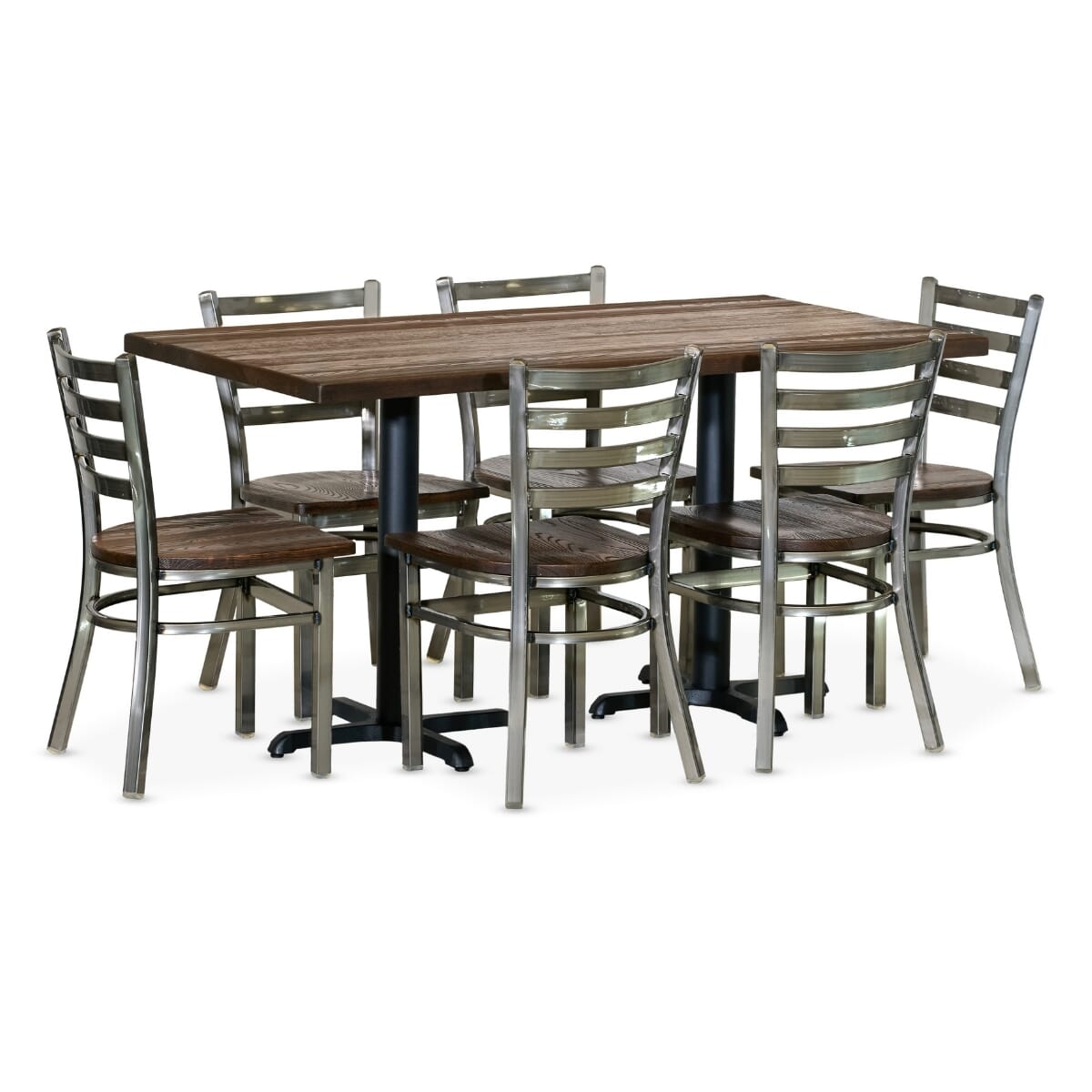 Clear Coat Industrial Restaurant Rectangular Table Set with 6 Ladderback Chairs