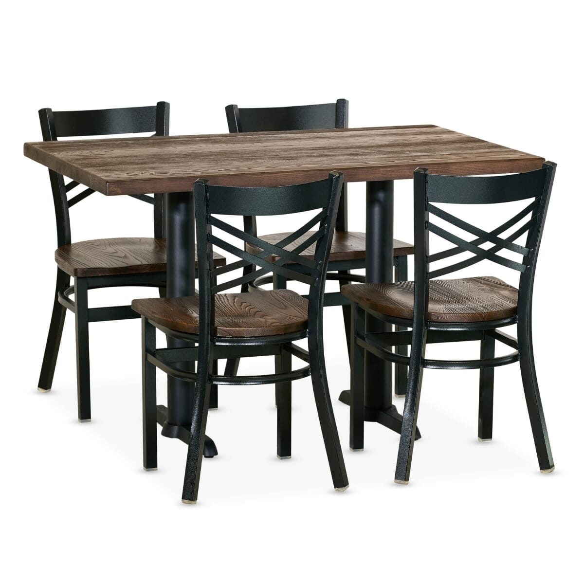 Casual Dining Restaurant Rectangular Table Set with 4 Black Crossback Chairs