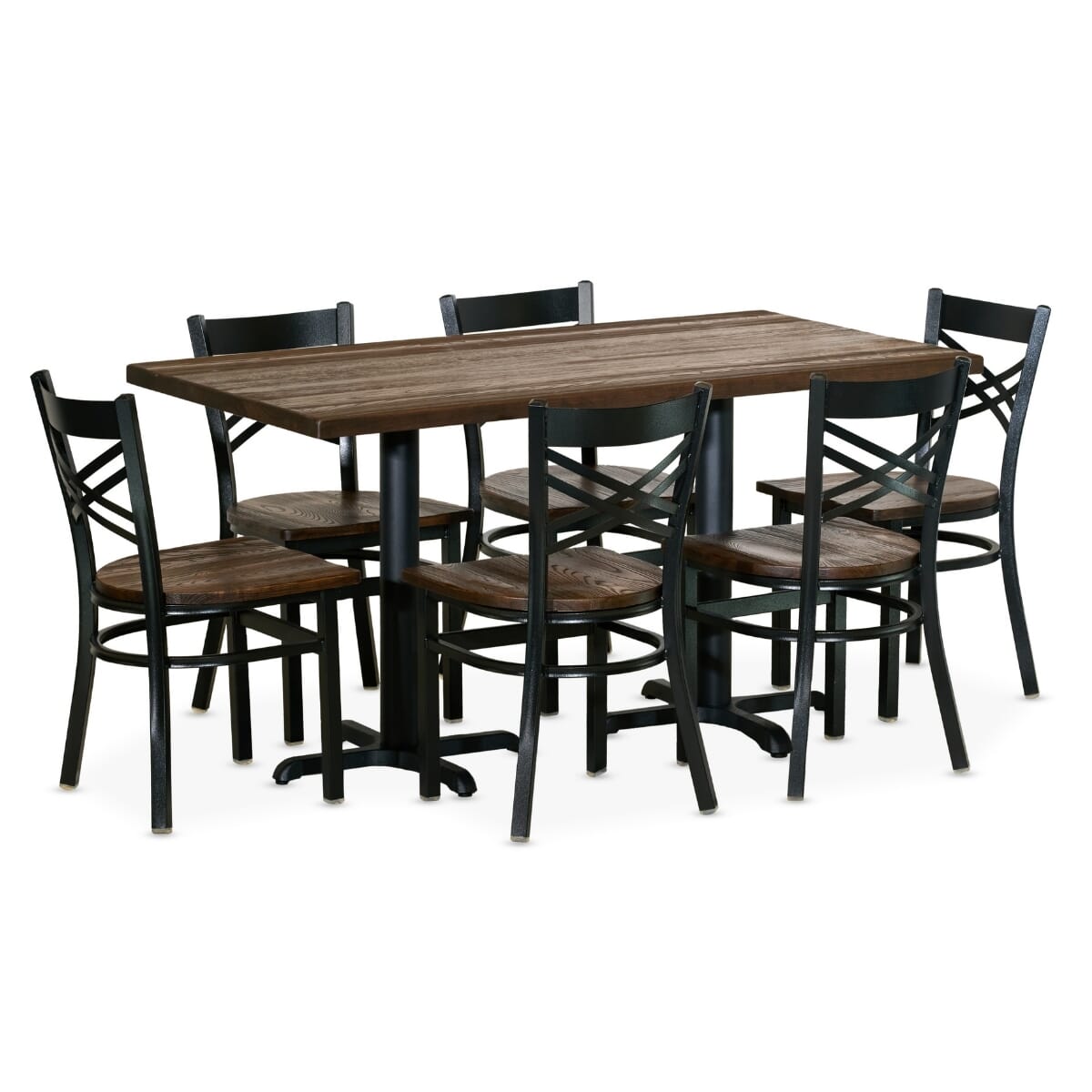 Casual Dining Commercial Rectangular Table Set with 6 Black Crossback Chairs