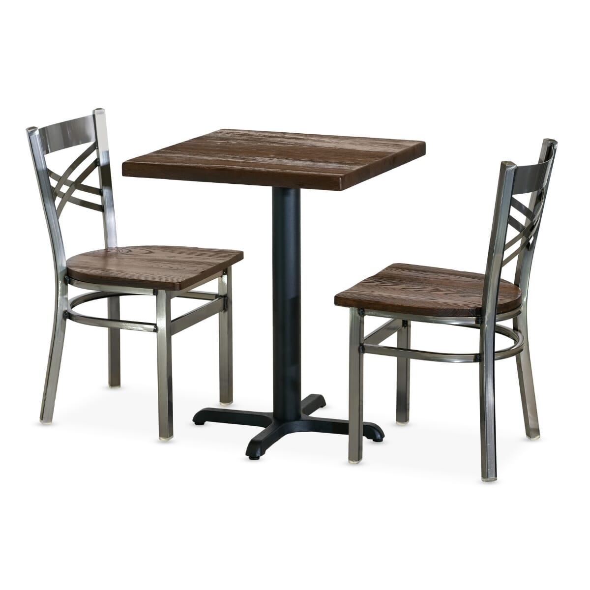 Casual Dining Restaurant Table Set with 2 Silver Crossback Chairs
