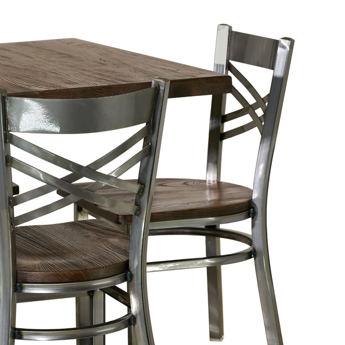 Casual Dining Restaurant Table Set with 4 Clear Coat Crossback Chairs