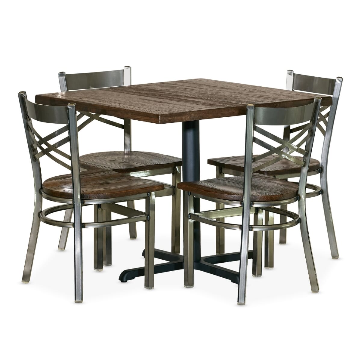 Casual Dining Restaurant Table Set with 4 Clear Coat Crossback Chairs