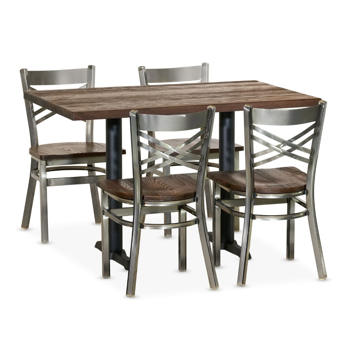 Casual Dining Restaurant Rectangular Table Set with 4 Clear Coat Distressed Crossback Chairs