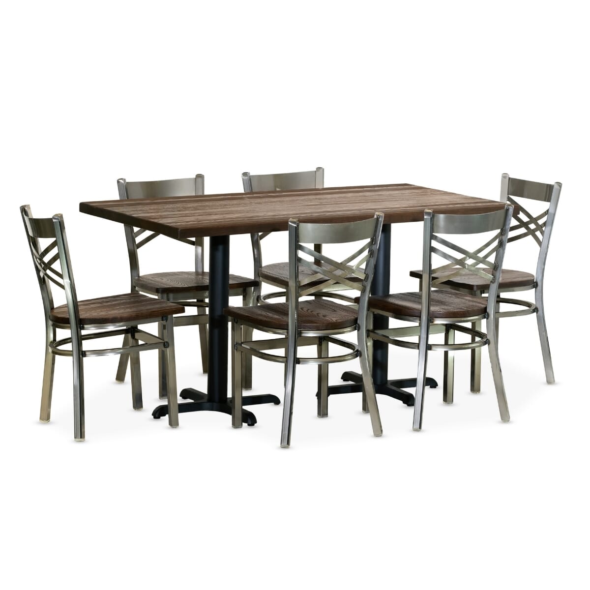 Casual Dining Restaurant Rectangular Table Set with 6 Clear Coat Distressed Crossback Chairs