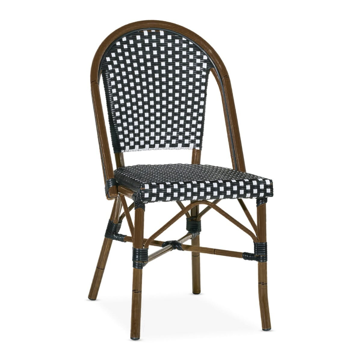 Stackable Curved-Back Synthetic Wicker & Bamboo Commercial Outdoor Chair - Black/White