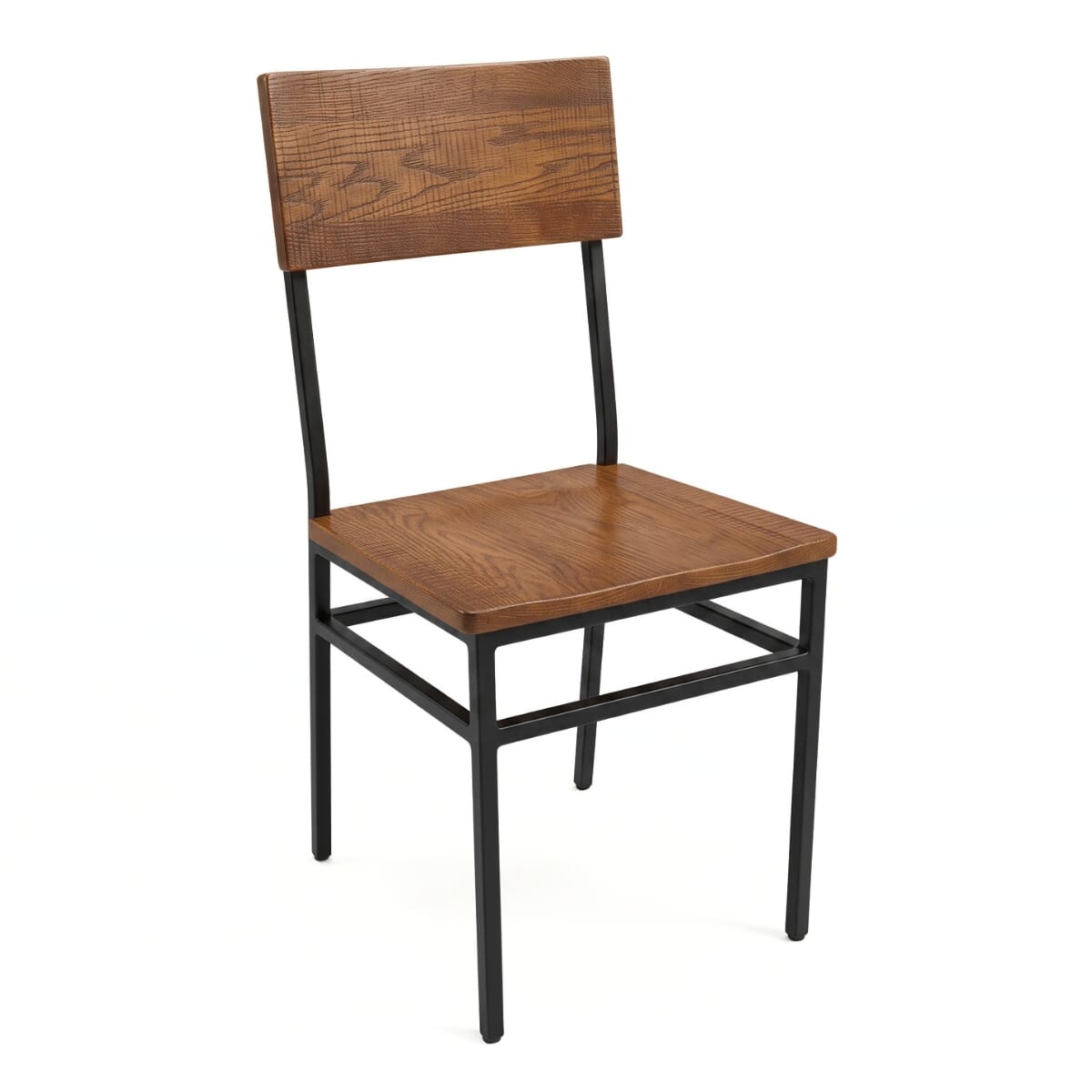 Industrial American Red Oak Restaurant Chair with Black Steel Frame