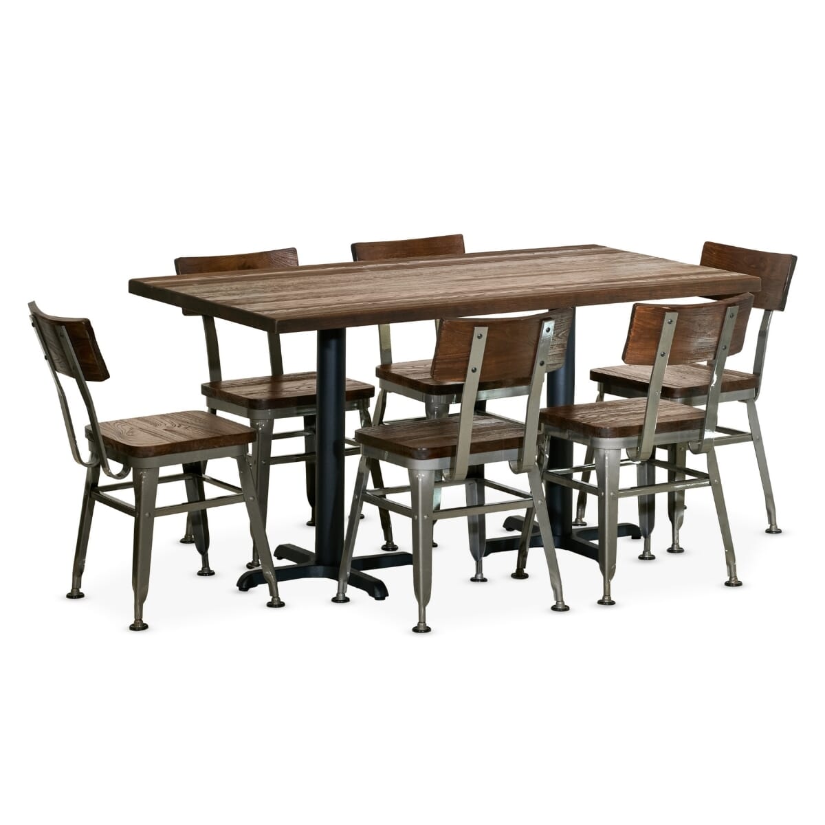 Heavy Duty Rectangular Restaurant Table Set with 6 Modern Industrial Chairs