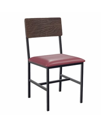 Rustic walnut finish back restaurant metal chair with a red upholstered seat