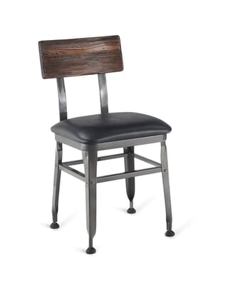 Heavy-duty industrial restaurant chair with reclaimed rustic look wood back and black vinyl seat, front view.