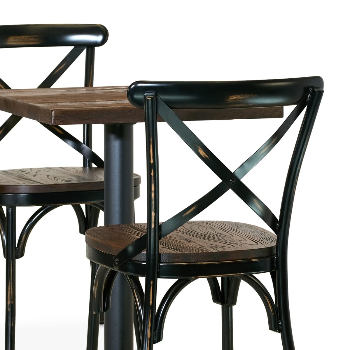 Industrial Bistro Table Set with 2 Vintage Cross Back Metal Chairs