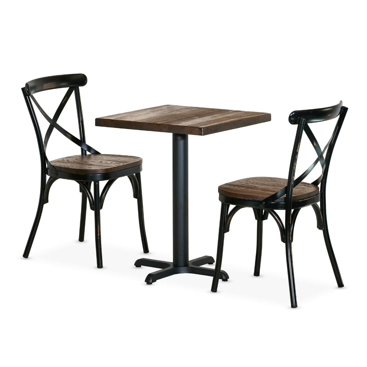 Industrial Bistro Table Set with 2 Vintage Cross Back Metal Chairs