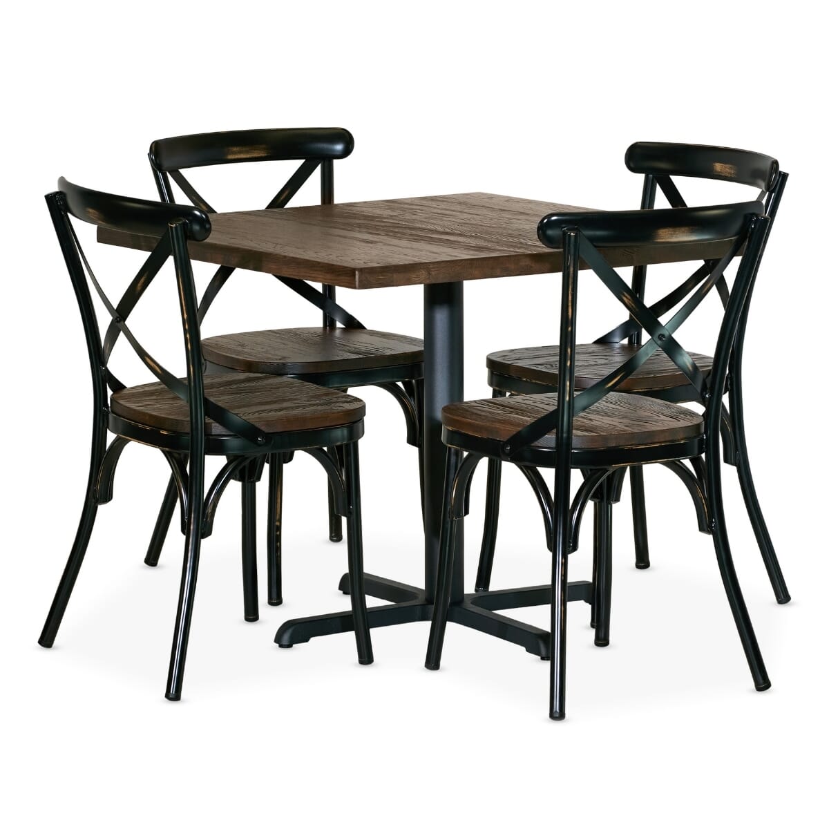 Industrial Bistro Table Set with 4 Vintage Cross Back Metal Chairs