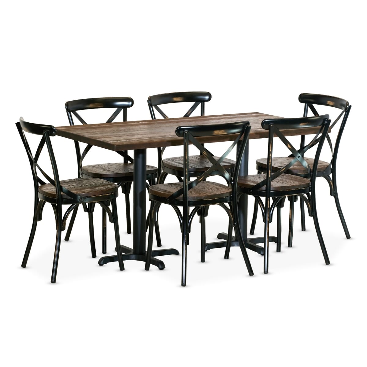 Industrial Bistro Rectangular Table Set with 6 Classic X-Back Metal Chairs