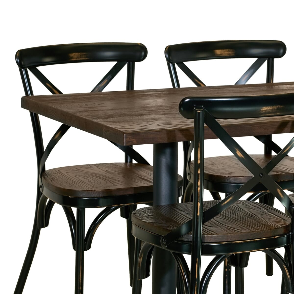 Industrial Bistro Rectangular Table Set with 4 Vintage Cross Back Metal Chairs
