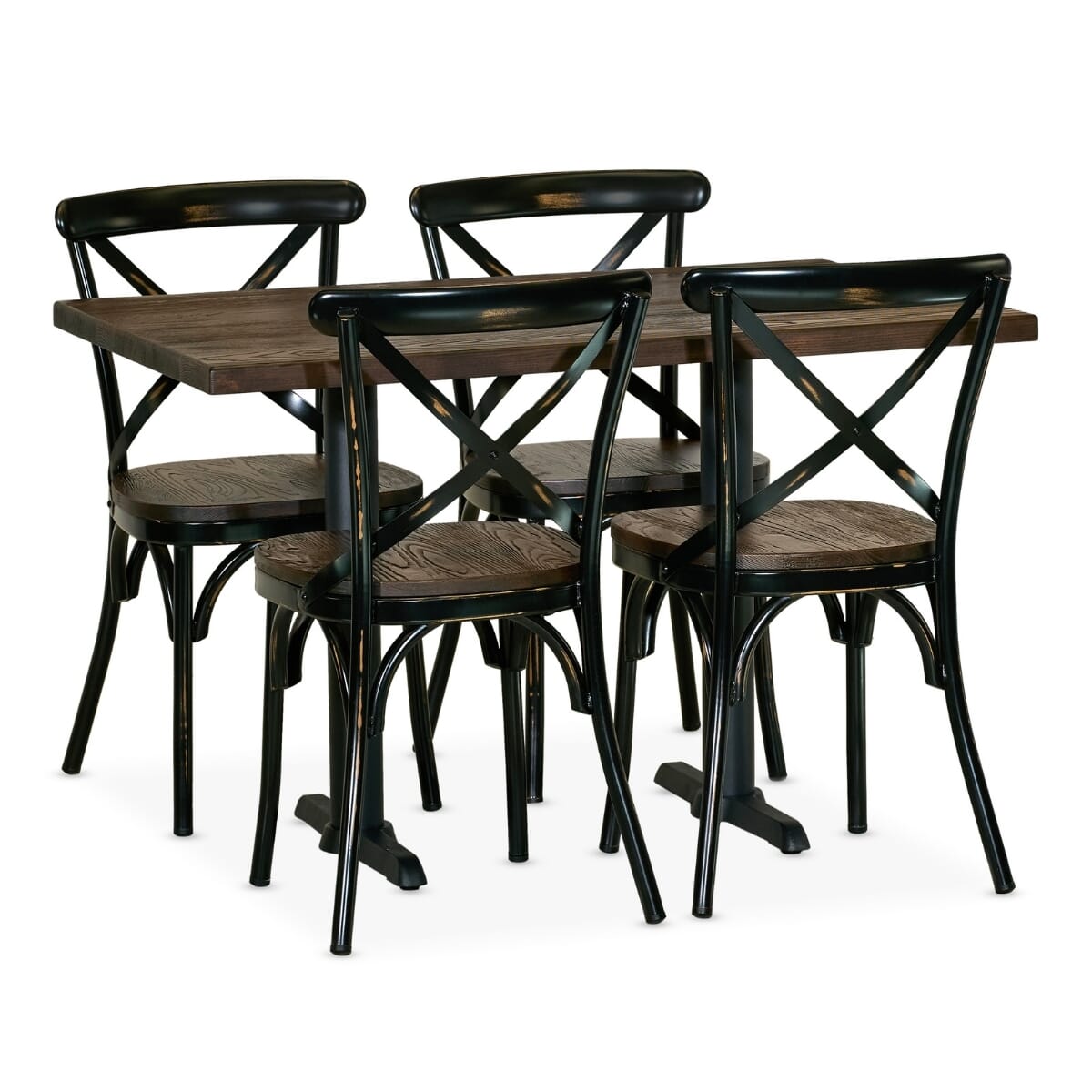 Industrial Bistro Rectangular Table Set with 4 Vintage Cross Back Metal Chairs