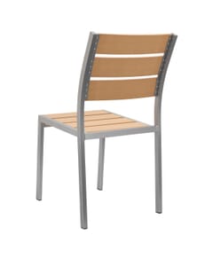 Brushed Aluminum Frame Stackable Outdoor Restaurant Chair With Tan Synthetic Teak Slats