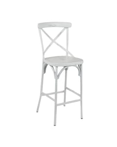 Antique White Metal Cross-Back Commercial Bar Stool with Metal Seat (front)