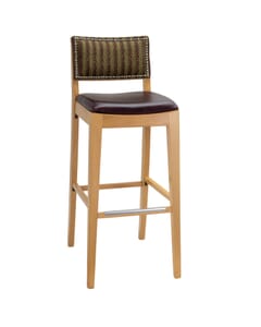 Fully Upholstered Natural Wood Commercial Bar Stool with Nail-head Trim (front)