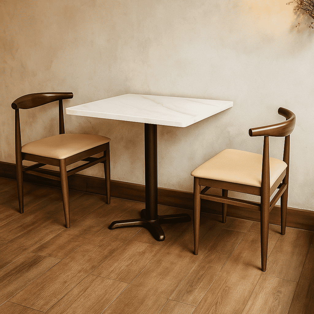 Modern White Sintered Stone Restaurant Table Set with 2 Walnut Chairs