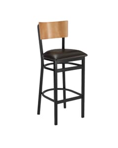 Black Metal Commercial Bar Stool with Square Natural Veneer Seat and Back (front)