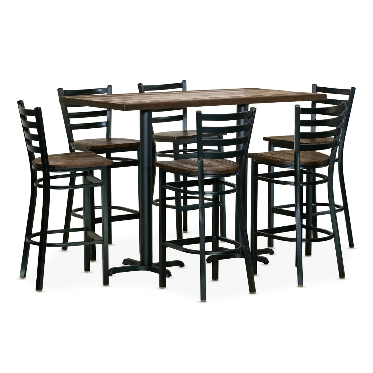 Black Finish Industrial Restaurant Bar Height Table Set with 6 Ladderback Bar Stools