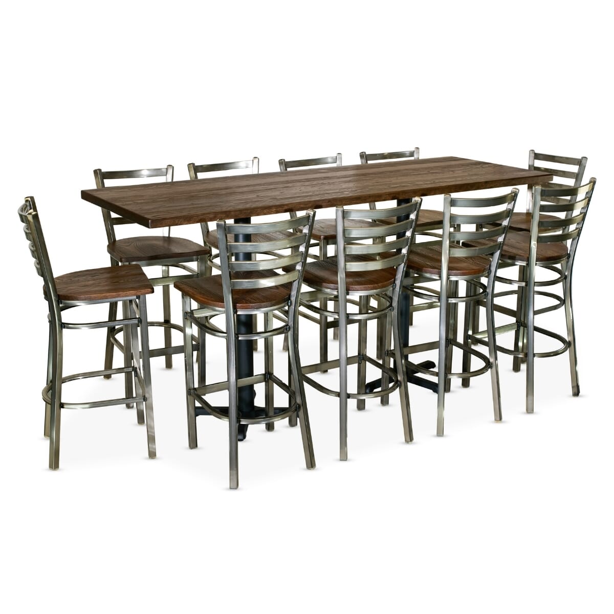 Clear Coat Industrial Restaurant Bar Height Rectangular Large Table Set with 10 Ladderback Bar Stools
