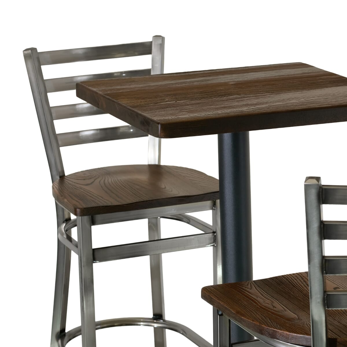 Clear Coat Bar Height Cafe Table Set with 2 Ladderback Industrial Stools